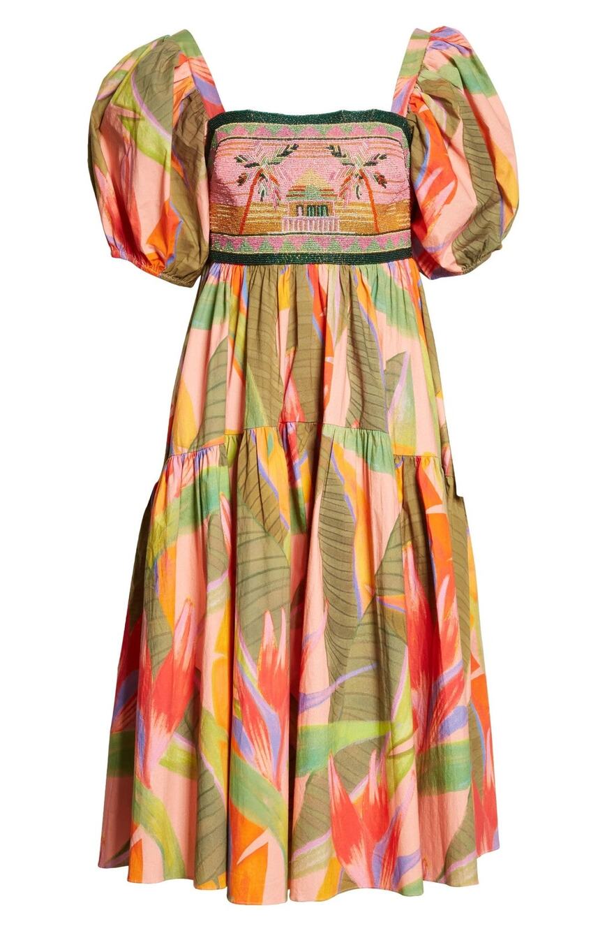Farm Rio Embroidered Top Midi Dress in Pink Garden - M - Picture 1 of 6